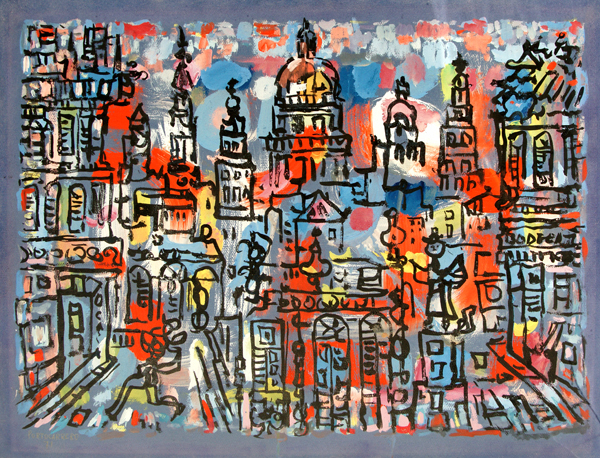<b>René Portocarrero</b><br>
Vista de La Ciudad de La Habana<br>
(<i>View of the City of Havana</i>), 1970<br>
mixed media on heavy paper laid down on board<br>
19 ¾ x 26 inches<br></br>
Havana was René Portocarrero's natural habitat. If once - during his childhood years – El Cerro neighborhood defined his universe, the painter's coming of age marked his unfolding towards the confines of the capital city. We can say that if any Cuban seized Havana and, at the same time, the city claimed the painter its own, that was René Portocarrero. “Here are the hundred and more cities - let us be wary of the figures in the catalog - seized and captured by the Prodigious Magician, Don René Portocarrero. Are all of these perhaps just one?”, would note Eliseo Diego, friend of the painter and Originista as well, in comments written precisely for the exposition, Landscapes of Havana by René Portocarrero, University of Havana, October, 1978, L Gallery.
<br></br>
Roberto Fernández Retamar, earlier, in his words for the exhibition, Portocarrero: The Color of Cuba, May, 1963, Havana Gallery, had observed, “One city is not made with a compass upon paper: it is made by combining necessity with contingency, caprice with duty: the balcony from where you can view the sea, with the plaza of kisses; the contorted street with four hundred years of rain over a number of stones. This is how Havana has been crafted. And Portocarrero has painted it, bringing along with him its interiors, its stained glass windows, its gates, its cupolas, its skies. Havana has been sung by a poet with the certainty only a poet can express.”
<br></br>
Ramón Cernuda