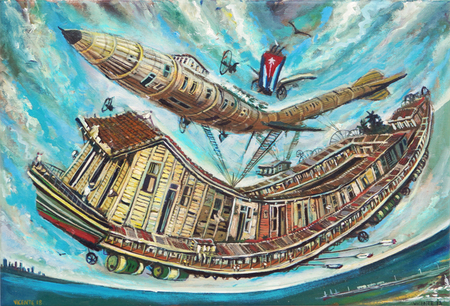 VICENTE HERNNDEZ (b. 1971)<br>
Another Strange Journey<br>
(<i>Otro Extrao Viaje</i>), 2018<br>
oil on canvas<br>
11 x 17 inches
