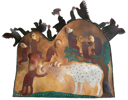 MANUEL MENDIVE (b. 1944)<br>
Ake Funfn<br>
(<i>Ake Funfn</i>), 2002<br>
acrylic and cowrie shells on canvas 
iron sculpted stretcher frame<br>
80 x 60 inches 
