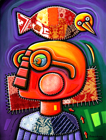 ALFREDO SOSABRAVO (b. 1930)<br>
Personage with Bird<br>
(<i>Personaje con Pjaro</i>), 2006<br>
oil and collage on canvas<br>
31  x 23  inches
