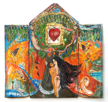 CLARA MORERA (b. 1944)<br>
Adam and Eve in Paradise <br>
(<i>Ad�n y Eva en el Para�so</i>), 2017<br>
mixed media on canvas and wood, triptych,<br>
35 � x 36 inches
