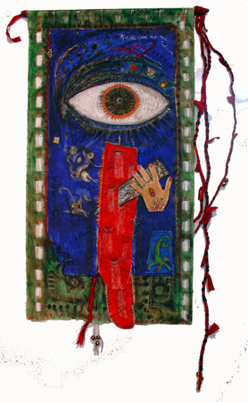 CLARA MORERA (b. 1944)<br>
Malevolent Eyes Don�t Look At Me<br>
(<i>Malos Ojos No Me Miran</i>), 2005<br>
mixed media on canvas<br>
52 x 26 inches
