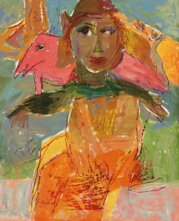 GINA PELL�N (1926-2014)<br>
Woman and Bird<br>
(<i>Mujer y P�jaro</i>), 2010<br>
mixed media on canvas<br>
39 � x 32 inches
