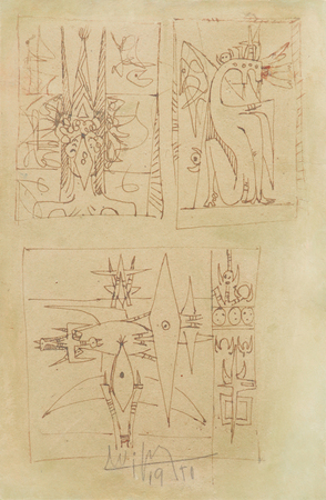 WIFREDO LAM (1902�1982) <br>
Three Sketches<br>
(<i>Tres Apuntes</i>), 1950<br>
ink on heavy paper laid down on board<br>
9 x 6 inches 
