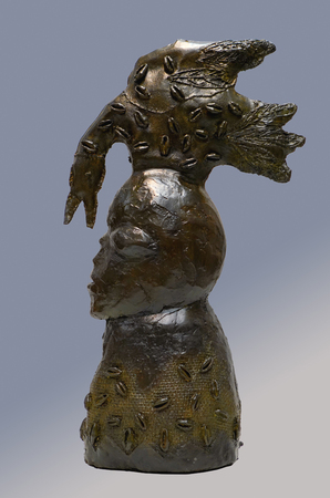 MANUEL MENDIVE (b. 1944)<br>
Man with Bird, two of seven<br>
(<i>Hombre con Pjaro, dos de siete</i>), 1997<br>
bronze sculpture<br>
12 x 13 x 5 inches
