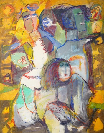 GINA PELLN (1926  2014)<br>
The Fianc of the Moon, 1985<br>
mixed media on canvas<br>
63 3/4 x 51 inches
