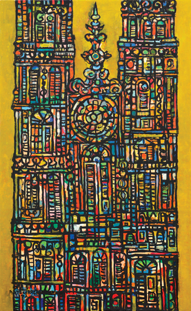 Ren� Portocarrero<br>
Cathedral in Yellow Background<br>
(<i>Catedral en Amarillo</i>), 1972<br>
mixed media on hevay paper laid down on canvas by the artist<br>
28 3/4 x 17 1/4 inches