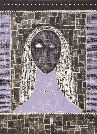 
JUAN ROBERTO DIAGO (b. 1971)<br>
Woman<br>
(<i>Mujer</i>), 2018<br>
mixed media and collage on canvas<br>
49 x 35 1/4 inches