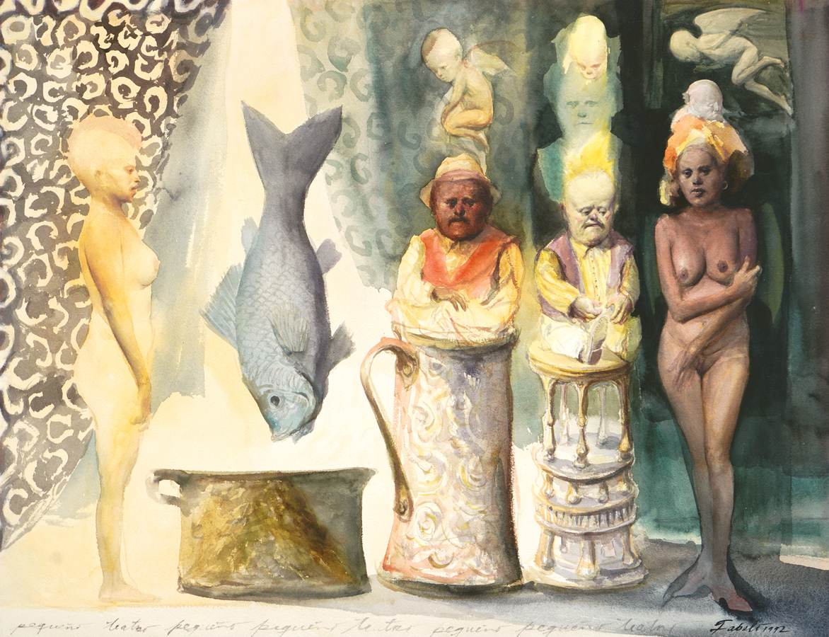 <b>ROBERTO FABELO</b> (b. 1950)<br>
Small Theatre </br>
<i>(Peque�o Teatro)</i>, 1992<br>
mixed media on heavy paper</br>
22 x 29 � inches [without frame]<br>
33 ⅜ x 42 � inches [with frame]</br><br><br/>
