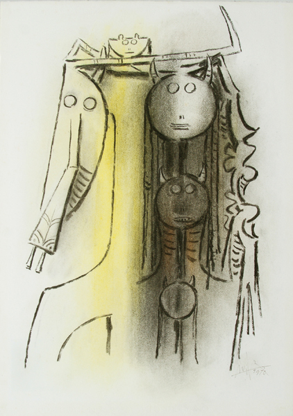 <b>Wifredo Lam</b> <br>
Mujer Caballo con Eleguas <br> 
(<i>Femme Cheval with Eleguas</i>), 1970<br>
mixed media on heavy paper<br>
laid down on board<br>
27 3/4 x 19 1/2 inches<br>
</br>

<i>Provenance</i>: Museum of Art Fort Lauderdale

