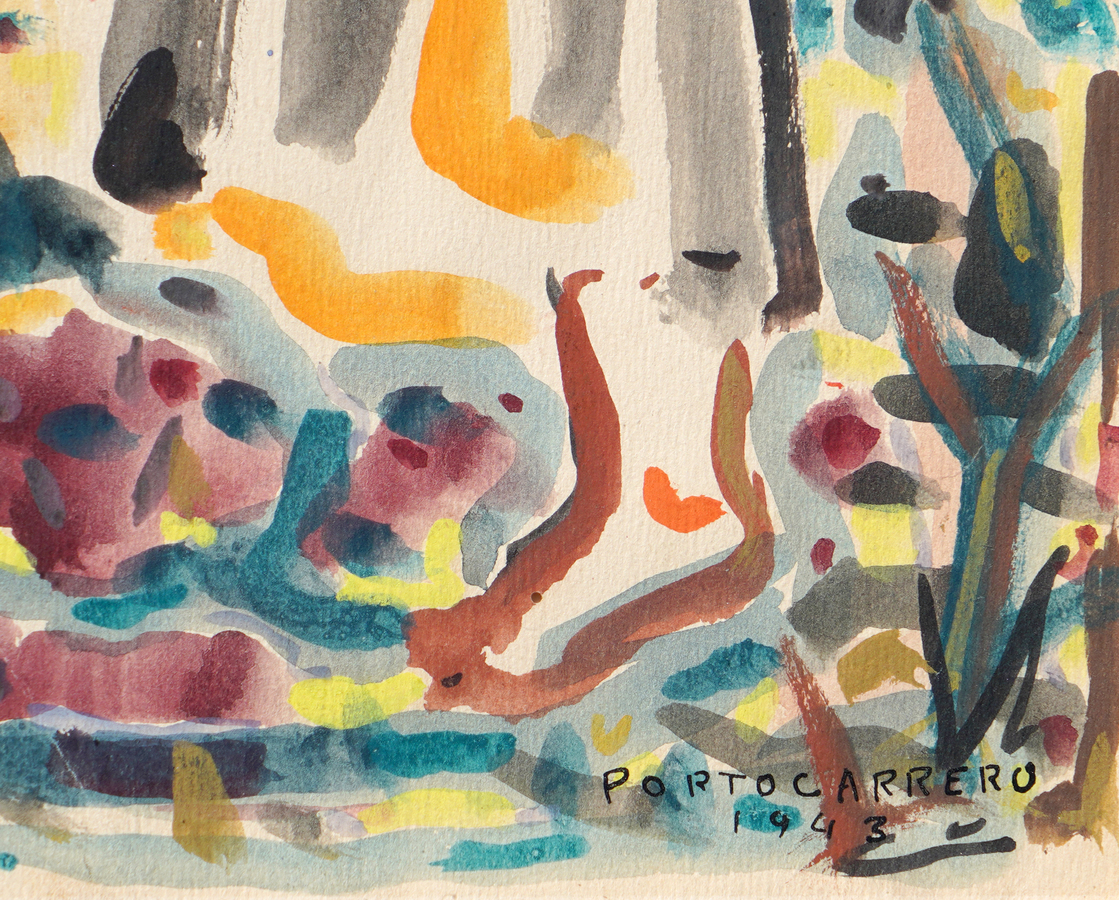A detail image of Portocarrero's <i>Ascension,</i><br>showing the artist's signature and date of work. <br></br><br></br><br></br><br></br>
