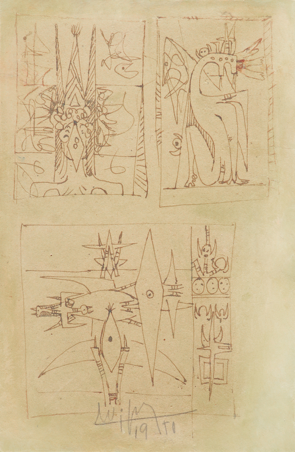 <b>WIFREDO LAM</b> (1902 � 1982)<br>
Three Sketches </br>
<i>(Tres Apuntes),</i> 1950<br>
ink on heavy paper laid down on board<br>
9 x 6 inches [without frame]</br>
21 x 17 � [with frame]<br></br>
<br></br>This drawing was exhibited in<br> <i>Wifredo Lam: The Changing Image</i> </br>� Centennial Exhibition, <br>Yokohama Museum of Art,</br> Oct. 2002 to Jan. 2003,<br>and it appears illustrated in the </br>corresponding exhibition catalog, page 114.<br>Also illustrated in the catalog </br><i>IMPORTANT CUBAN ARTWORKS</i>, <br>Volume Seventeen, page 25.