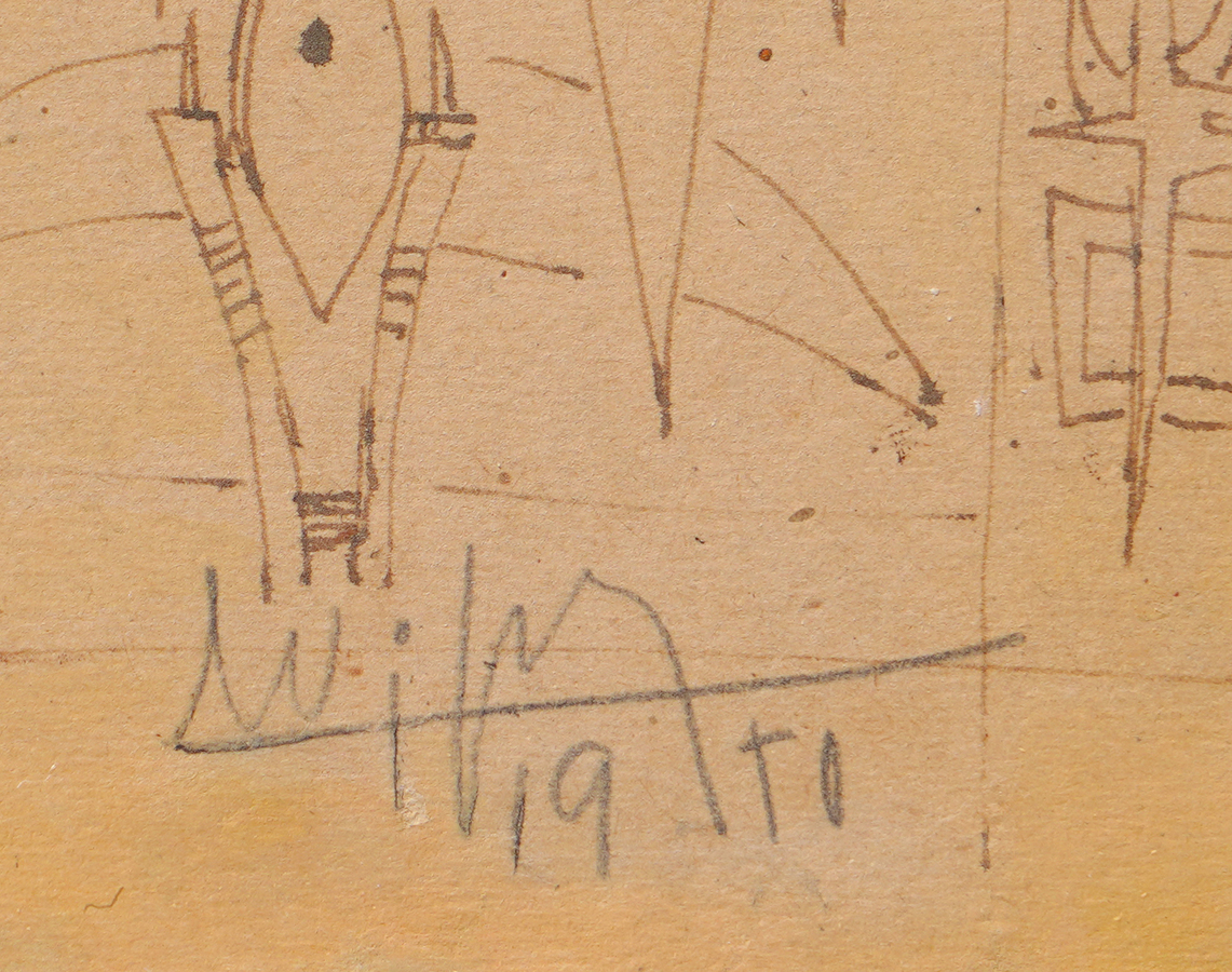 A detail image of Lam's <i>Three Sketches</i>,<br>showing the artist's signature and date of the work. <br></br><br></br><br></br>
