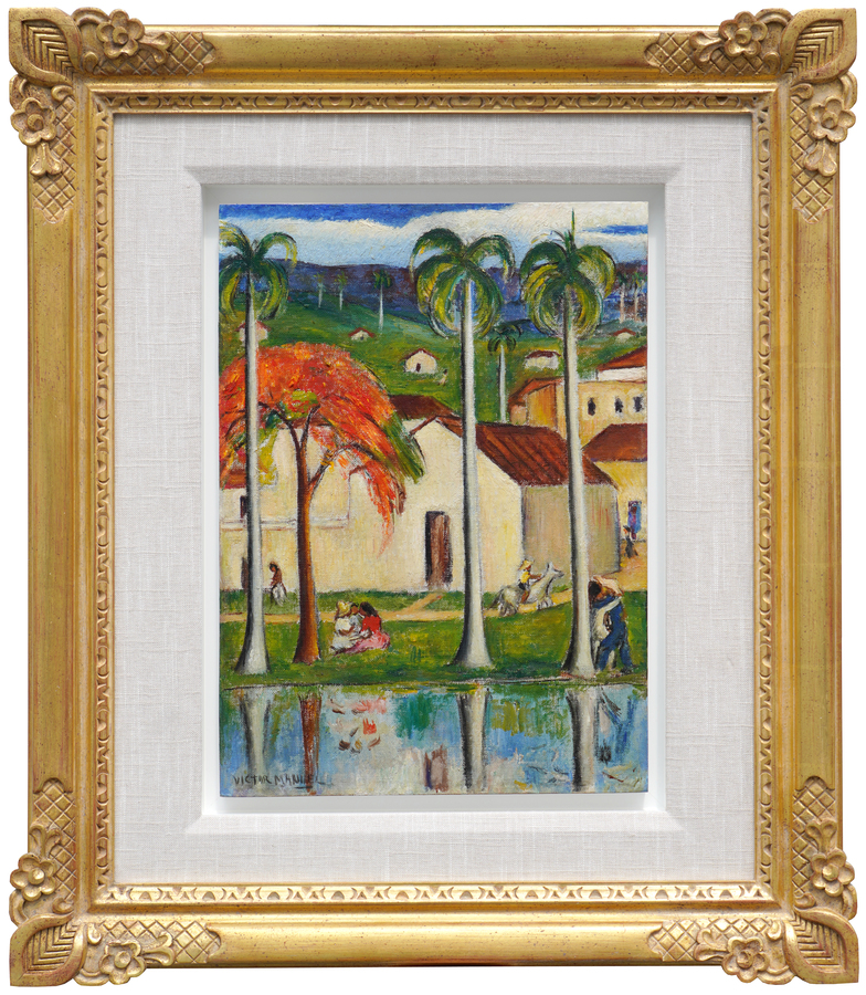 <b>VCTOR MANUEL GARCA</b> (1897-1969)<br>
Town by the River</br> 
<i>(Pueblo Junto al Ro)</i>, ca 1940s<br> 
oil on board</br>
18 ⅝ x 13  inches [without frame]<br>
25  x 29 ⅛ inches [with frame]</br><br>

<i>Provenance:</i> Private Collection of Charge dAffaire <br>to the Danish Foreign Ministry in Cuba, 1980s.</br>
