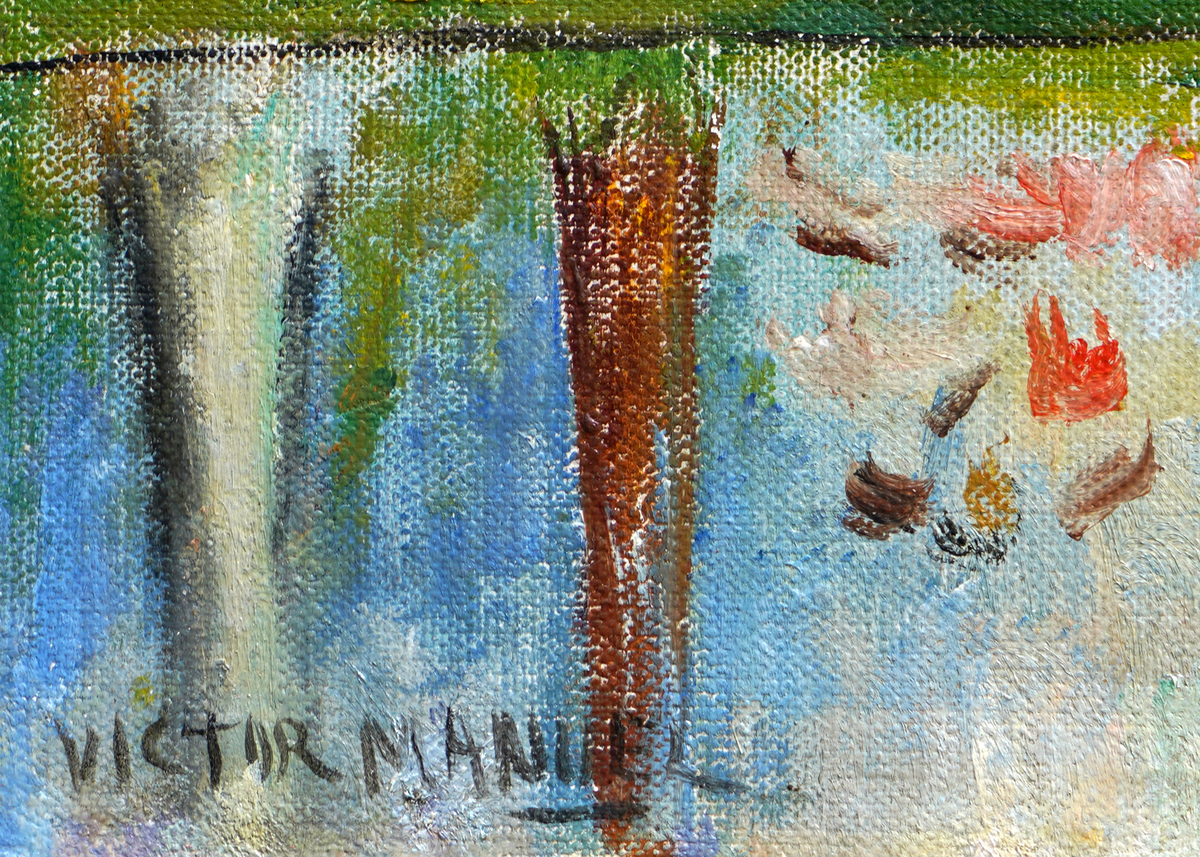 A detail image of Vctor Manuel Garca's, <i>Town by the River,</i><br>
showing the artist's signature. <br></br><br></br><br></br><br></br>