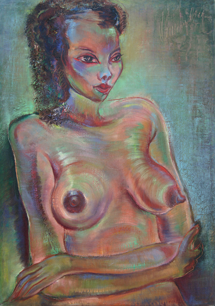 <b>Carlos Enríquez</b> <br>
La Haitiana<br>
(<i>The Haitian Woman</i>), 1945<br>
oil on canvas board<br>
19 ½ x 13 ¾ inches<br>
</br>
This painting is illustrated in the catalogue, <i>Important Cuban Artworks, Volume Ten</i>, Page 24
<br></br>
Illustrated in the book, <i>Cuban Art, Remembering Cuba Through its Art</i>, 2004, Arte al Día Internacional, page 129.
<br></br>
Also illustrated in the book by Juan Martínez, <i>Carlos Enríquez, The Painter of Cuban Ballads</i>, 2010, page 188.