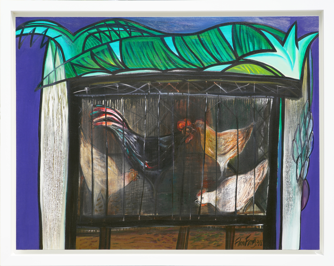 <b>FLORA FONG</b> (b. 1949)<br>
The Rooster and the Three Hens</br>
<i>(El Gallo y las Tres Gallinas),</i> 1998<br>
oil on canvas</br>
35 x 45 � inches [without frame]<br>
39 ⅝ x 49 ⅞ inches [with frame]</br>
<br><br/>