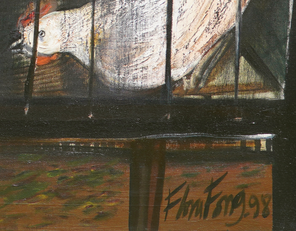 A detail image of Flora Fong's <i>The Rooster and the Three Hens</i>,<br>
showing the artist's signature and the date of the work.</br><br></br><br></br><br></br>