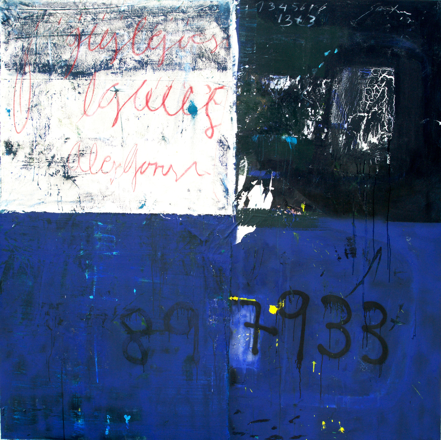 <b>JORGE LUIS SANTOS</b> (b. 1973)<br>
Blue Wall [From the Series A-Z]</br>
(<i>Muro Azul [De la Series A-Z]</i>), 2017<br>
mixed media on canvas</br>
72 x 72 inches [unframed] <br></br><br/>
