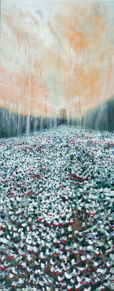 <b>Dayron González</b> <br>
La Última Marcha #6 <br>
(<i>The Last March #6</i>), 2012<br>
mixed media on canvas<br>
60 x 23 ¾ inches
<br></br>
“<i>La Última Marcha #6</i> is to me the most devastating of this young artist’s recent works. It is a large vertical canvas executed in painterly abandon. Thousands of pioneros fill what looks like Havana’s Plaza de la Revolución. The children are kept within the space by two enormous walls on each side. In the far off background, a platform is visible. Speeches are probably being given. The sky – a violent mix of orange, white and pale blue – agitates the upper half of the painting, while the lower half is filled with pioneros who seem to be kept in by the walls. It appears to be raining, and the mass of uniformed children resemble a herd of penned-in cattle.”
<br></br>
Alejandro Anreus, Ph.D., <i>Against Utopia: The Paintings of Dayron González</i>, excerpt from Dayron González’ catalogue essay for his upcoming one person exhibition, <i>The Children of My Class</i>, October – November 2012 at <i>Cernuda</i> Arte.