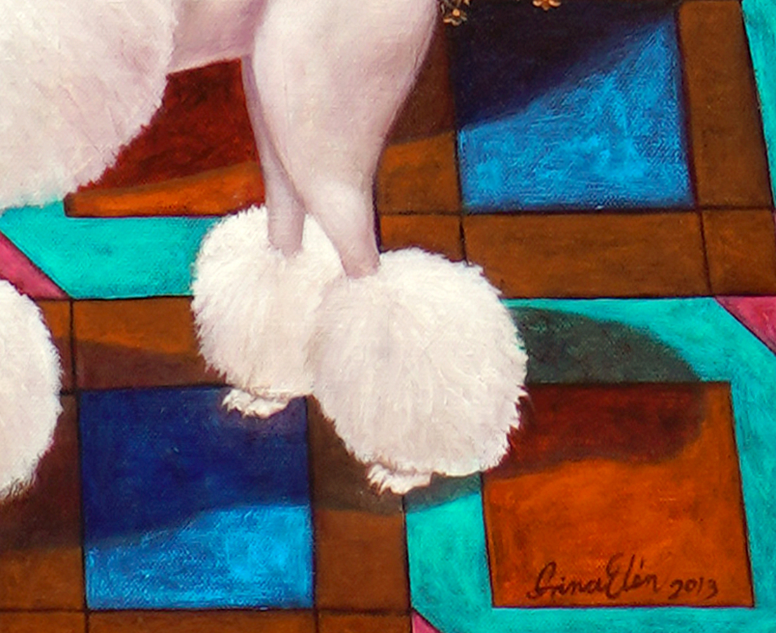 A detail image of Irina El�n Gonz�lez' <i>Tropical Angelus</i>,<br>
showing the artist's signature and the date of the work.</br><br></br><br></br><br></br>