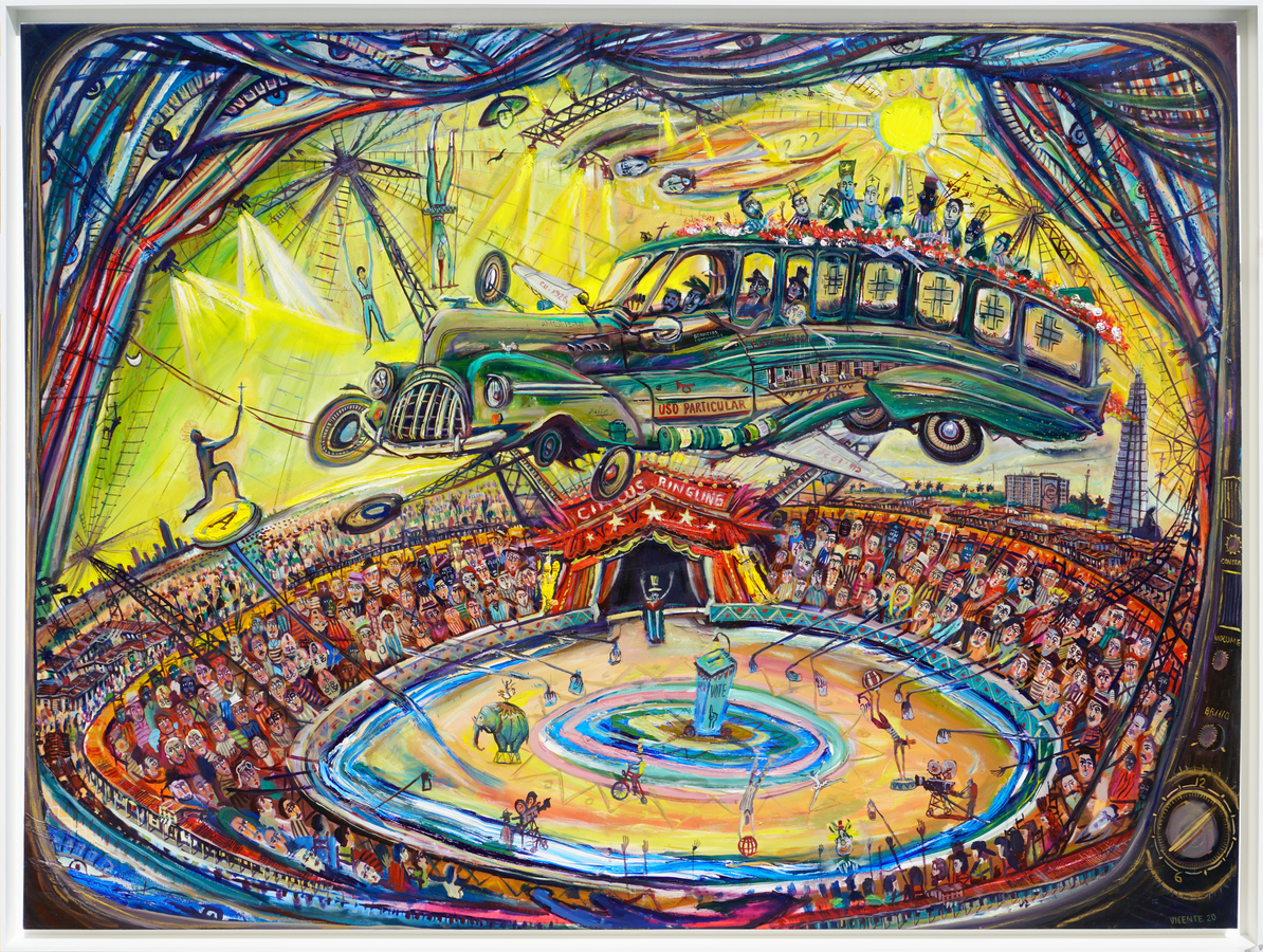 <b>VICENTE HERN�NDEZ</b> (b. 1971)<br>
The Electoral Circus</br>
(<i>El Circo Electoral</i>), 2020<br>
oil on canvas</br>
59 � x 79 inches [without frame]<br>
62 � x 82 inches [with frame]</br>
<br><br/>