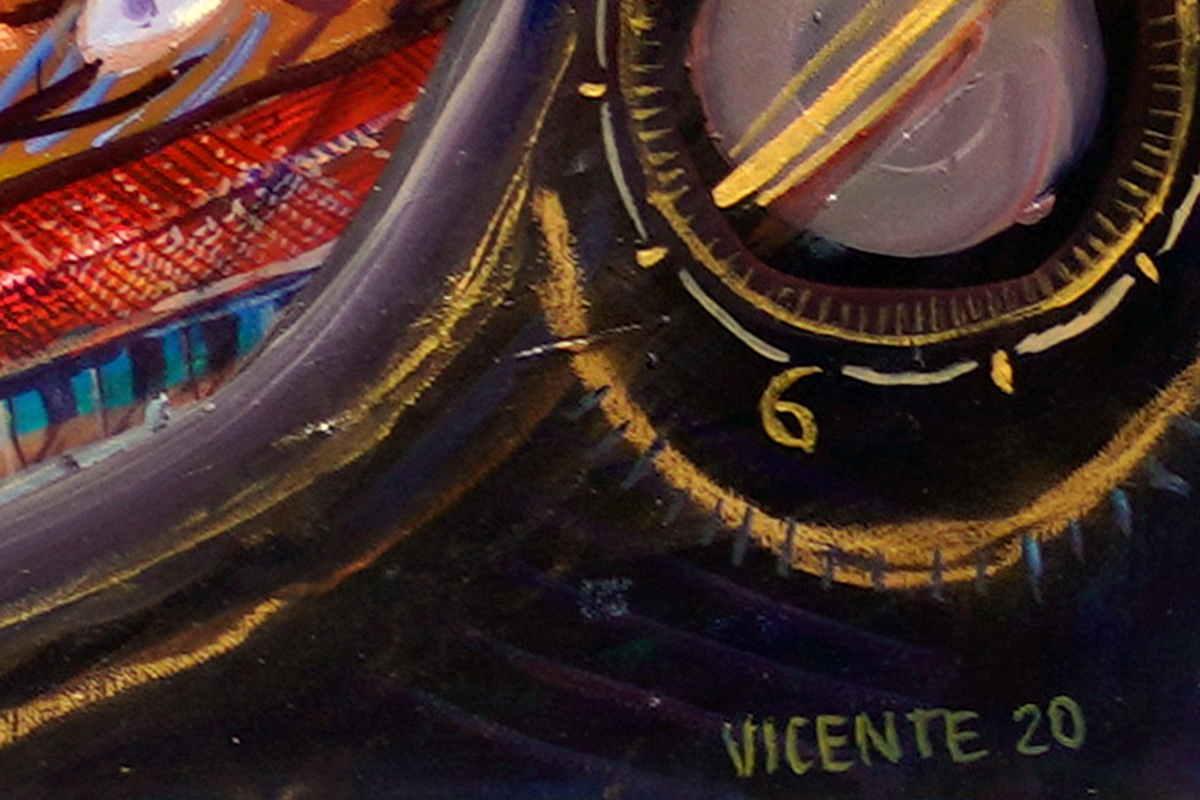 A detail image of Vicente Hernndez' <i>The Electoral Circus</i>,<br>
showing the artist's signature and the date of the work.</br>
<br></br><br></br><br></br>