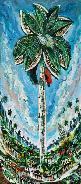 <b>Vicente Hern�ndez</b> <br>
Elogio a la Palma<br>
(<i>Eulogy to the Palm</i>), 2010<br>
mixed media on canvas<br>
20 � x 9 � inches
