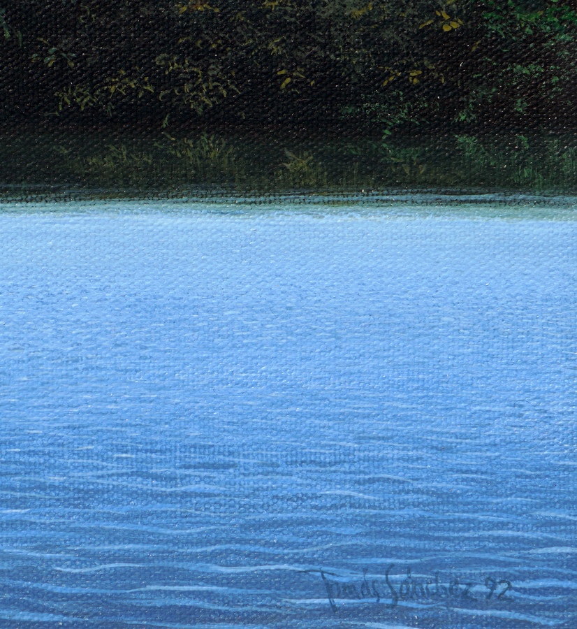A detail image of Tom�s S�nchez' <i>Shore</i> (1992), <br>showing the artist's signature and date of the work.<br></br><br></br><br></br><br></br>