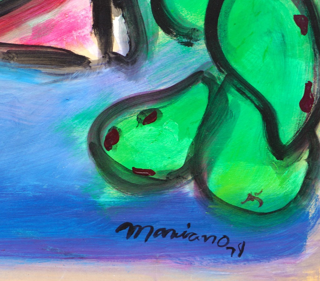 A detail image of <i>Woman, Rooster and Fruits</i> (1978), <br>showing the artist's signature and date of the work. <br></br><br></br><br></br><br></br>