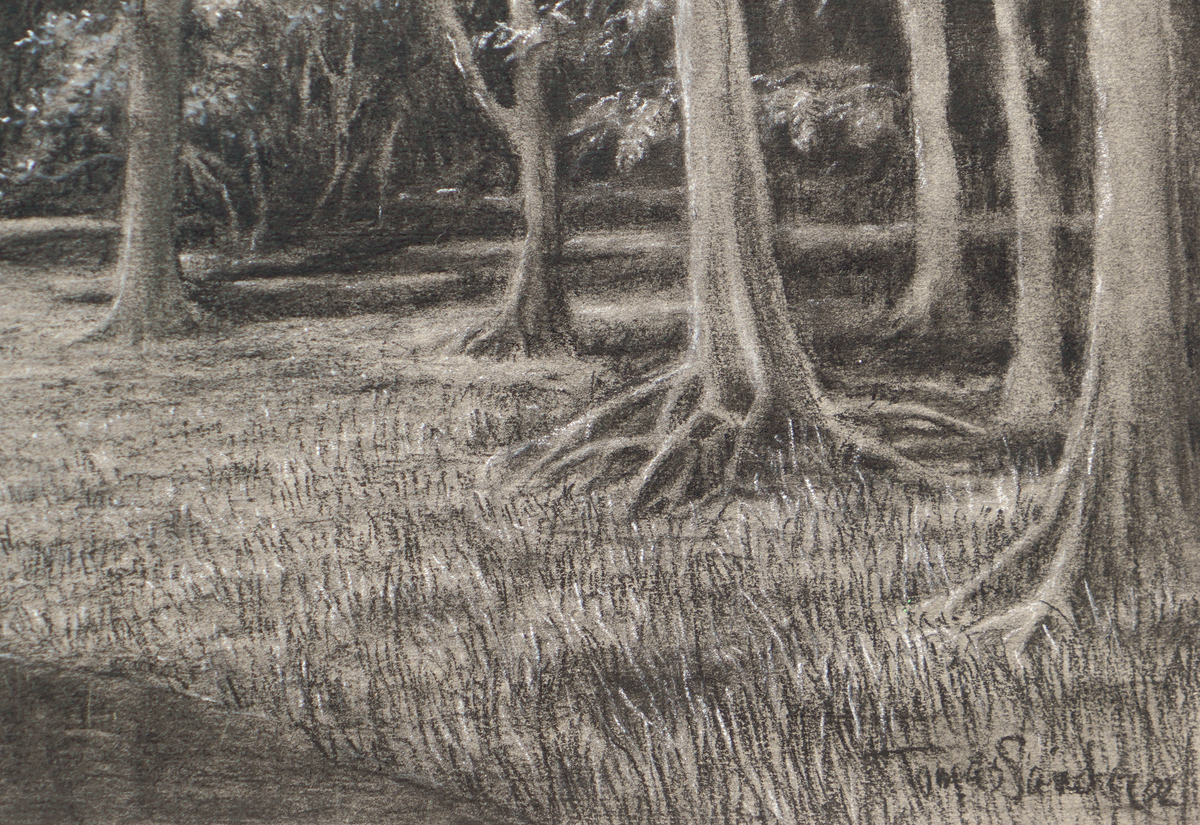 A detail image of Tom�s S�nchez' <I>River Contemplator</i> (2002),<br>showing the artist's signature and date of the work.<br></br><br></br><br></br><br></br>