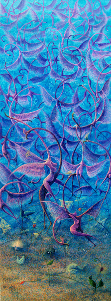 <b>Ram�n V�zquez</b> <br>
En Busca del Amor<br> 
(<i>Looking For Love</i>), 2012<br>
oil on canvas<br>
78 � x 29 � inches<br>
</br>
Ram�n V�zquez was born on February 29, 1972, in Vi�ales, Pinar del R�o, Cuba. His studies in the plastic arts began at the Ra�l S�nchez Vocational School of Art in Pinar del R�o. In 1987, he entered the National School of Plastic Arts in Havana. He graduated in 1991 as a draftsman, painter and professor of Painting and Drawing. That same year he joined the <i>Conjunto Art�stico Integral de Monta�a</i>, for a period of two years. From 1993 through 1995, he worked as a specialist in the Art Gallery of Vi�ales. The artist currently resides and works in Vi�ales, Pinar del R�o, Cuba.

