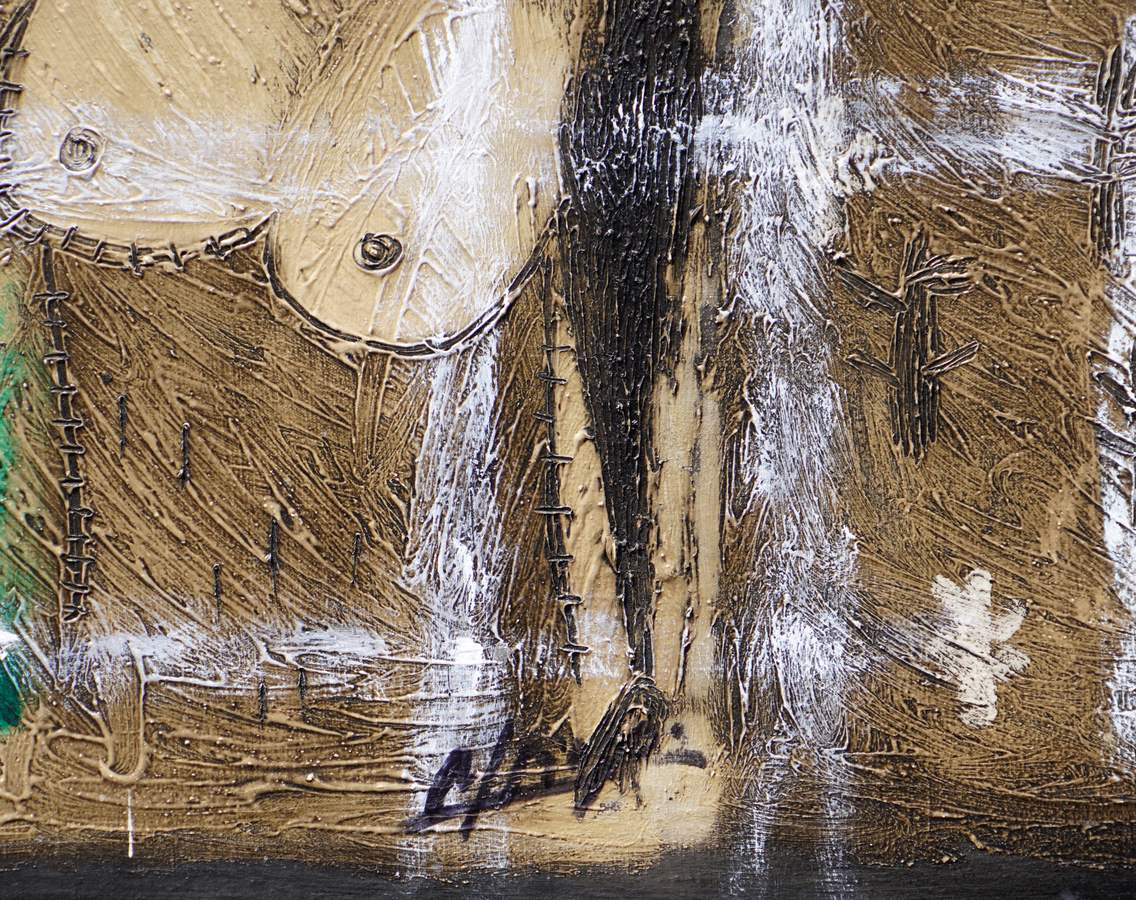 A detail image of Juan Roberto Diago's <i>You in Me</i> (2001),<br>showing the artist's signature.</br><br></br><br></br><br></br><br>