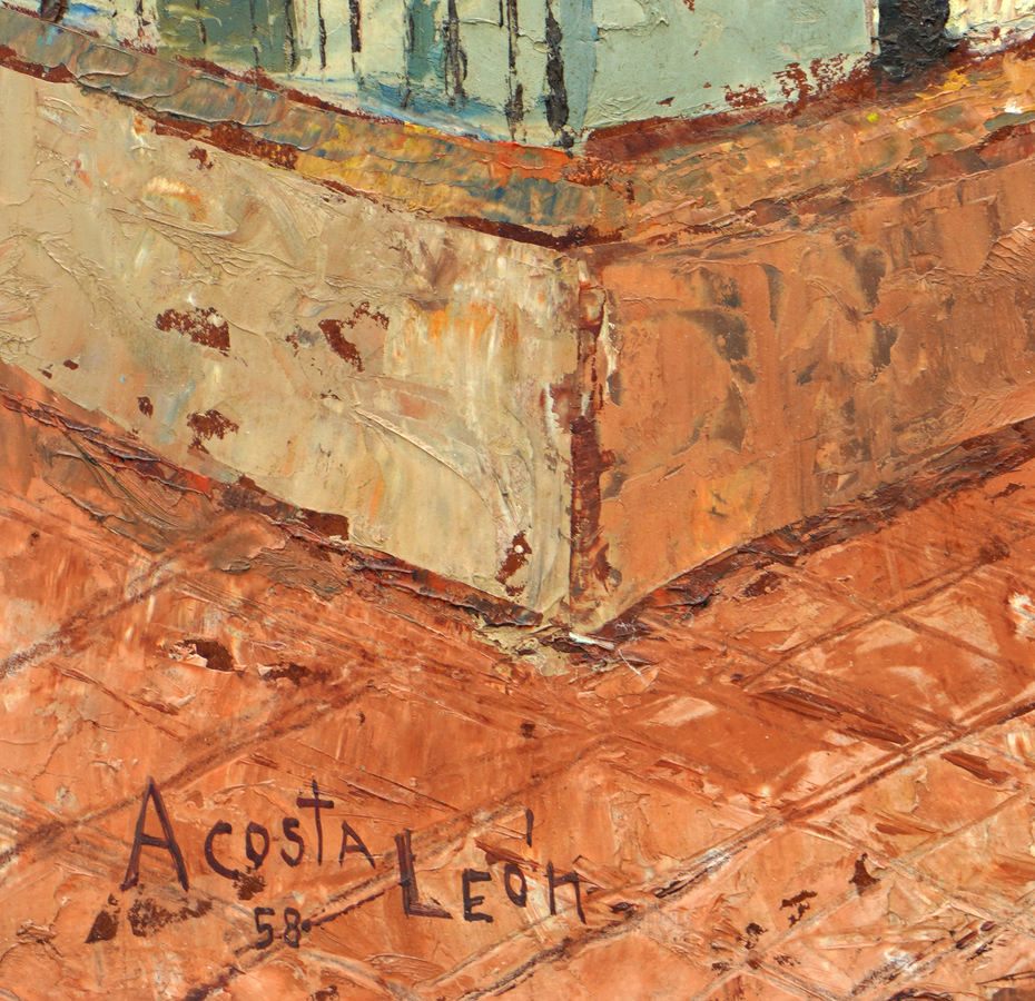 A detail image of Angel Acosta Le�n's <i>Rooftops</I> (1958),<br>showing the artist's signature and date of the work.</br><br></br><br></br><br>