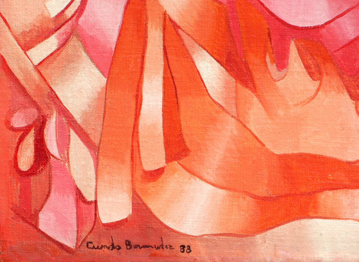 A detail image of Cundo Berm�dez <i>Portrait of Martha</i> (1988),<br>
showing the artist's signature and date of the work.<br></br><br></br><br></br><br></br>