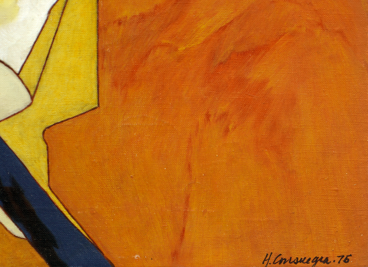 A detail image of Hugo Consuegra's <i>Some Other Day, Perhaps</i>, (1975)<br>
showing the artist's signature and date of the work.<br></br><br></br><br></br><br></br>