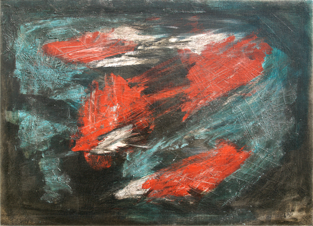 <b>GUIDO LLIN�S</b> (1923-2005)<br> 
        White, Blue and Red</br> 
        (<i>Blanco, Azul y Rojo</i>), 1962<br> 
        oil on canvas</br> 
        22 � x 31 � inches [without frame]<br>
        30 � x 29 � inches [with frame]</br><br><b>AVAILABLE</b> </br>
