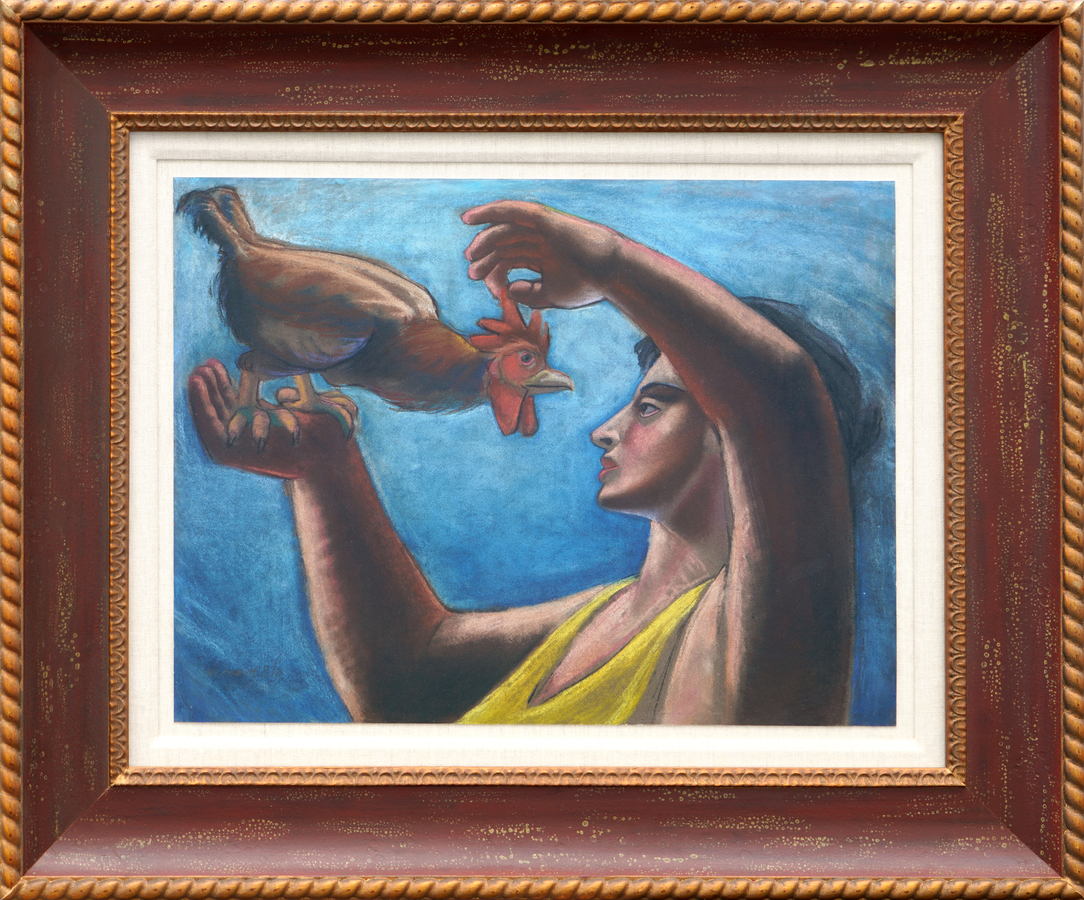 <b>CARMELO GONZ�LEZ</b> (1920-1990)<br> 
Woman and Rooster</br>
(<i>Mujer y Gallo</i>), ca. 1950<br>
mixed media on heavy paper</br>
laid down on board <br>
19 x 24 � inches [without frame]</br>
31 x 37 inches [with frame]<br></br><b>AVAILABLE</b><br>

