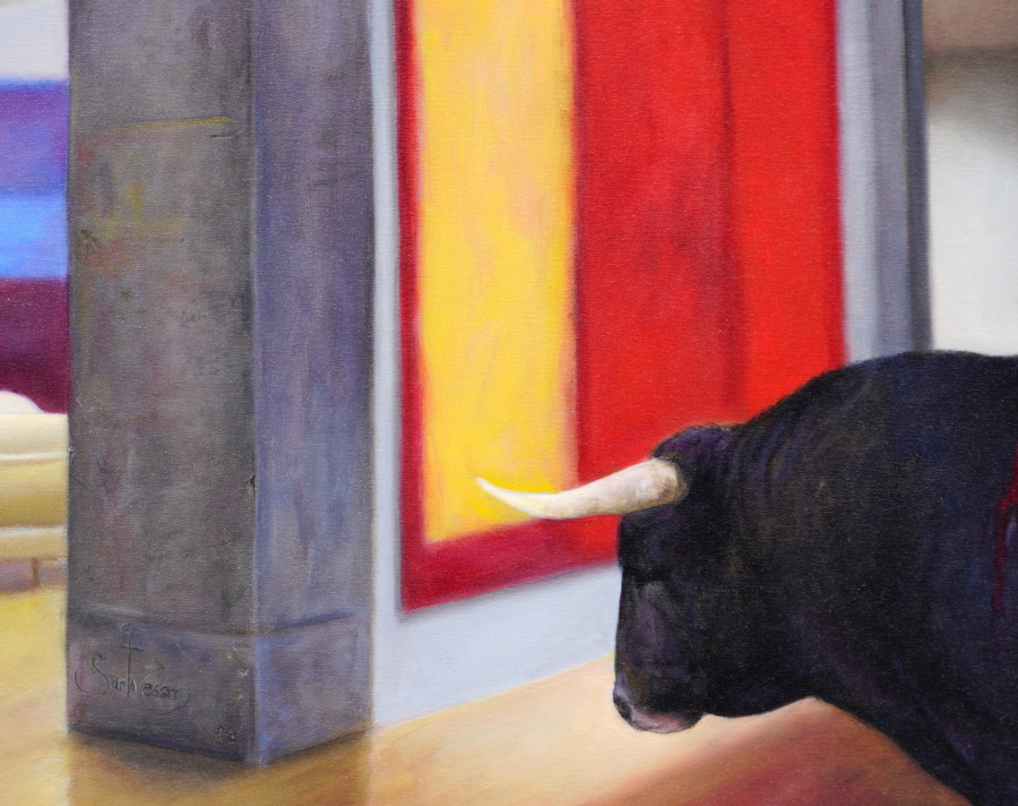 A detail image of C�sar Santos' <i>In the Museum</i> (2008),<br> showing the artist's signature and date of the work. <br></br><br></br><br></br><br></br>