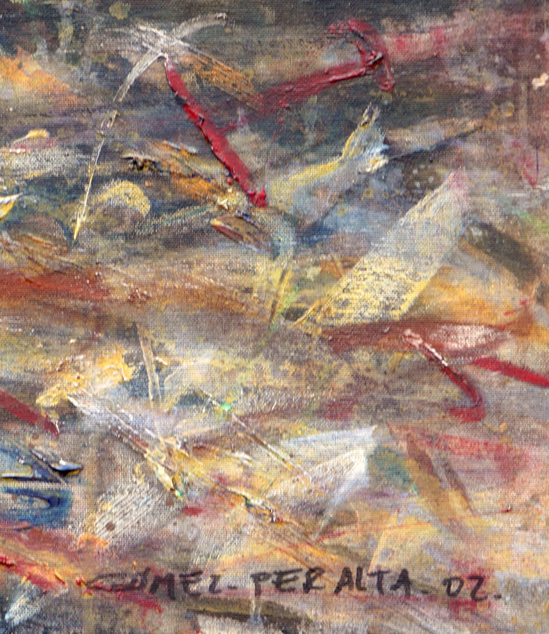 A detail image of Ismael Gmez Peralta's <i>San Nicols Street and Malecn</i> (2002),<br> showing the artist's signature and date of the work.<br></br><br></br><br></br><br></br>