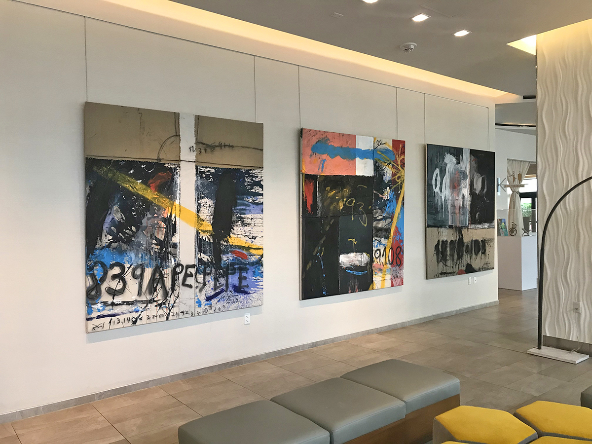 Three major mixed media works by Jorge Luis Santos.