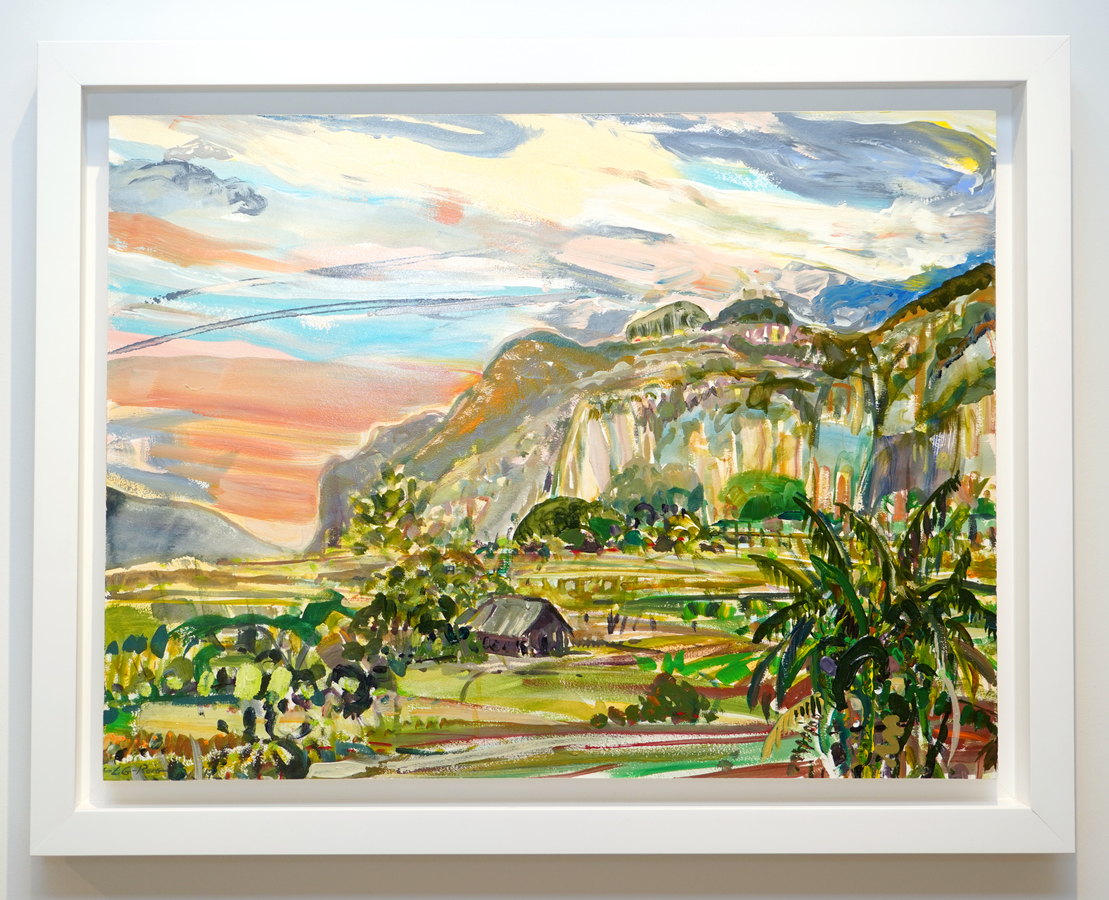 Lilian Garc�a-Roig<br>
Bucolic Vi�ales Valley with Sunset and Dry Plain<br>
(<i>Escena Buc�lica de Vi�ales con Atardecer y Secadero</i>), 2017<br>
acrylic on heavy paper laid down on wood<br>
22 x 30 inches