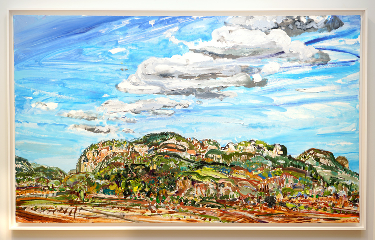 Lilian Garca-Roig<br>
Distant View of Hill Fields<br>
(<i>Vista Distante de Mogotes y Campos</i>), 2017<br>
acrylic on heavy paper laid down on wood<br>
15 x 22 1/2 inches