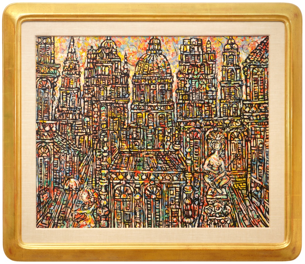 <br><Br>REN� PORTOCARRERO (1912 � 1985) <br>
View of the City of Havana <br>
(<i>Vista de la Ciudad de La Habana</i>), ca. 1965 <br>
mixed media on heavy paper <br>
laid down on masonite <br>
23 � x 28 � inches <br><br>

<i>Provenance:</i> <br>
Wallace Campbell Collection, Jamaica, <br>who acquired the painting directly from the artist.<br><br> 

Illustrated in <i>IMPORTANT CUBAN ARTWORKS, Volume Eighteen</i>, page 60.<br><br><b><font color = 
