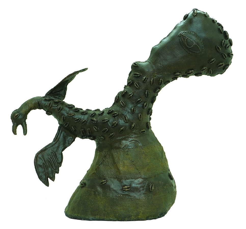 <br><br>
MANUEL MENDIVE (b. 1944)<br>
Bird<br>
(<i>P�jaro</i>), 1996<br>
bronze sculpture, 7 of 7<br>
23 x 26 x 8 � inches<br><br>
<br>
Illustrated in <i>IMPORTANT CUBAN ARTWORKS,</i> Volume Eighteen, page 98.<br><br>
This sculpture [different number] was exhibited in <i> Mendive, Shang� <br>y la Vida</i> at the Centre de Cultura Sa Nostra, Palma de Mallorca, <br>Spain, Summer 2001.<br><br>
Exhibited at the Sala de Exposiciones a Recova, Gobierno de Canarias, <br>Santa Cruz de Tenerife, Canary Islands, Spring 2002.<br><br>
Exhibited at the Centro de Arte Juan Ismael, Puerto del Rosario,<br>
Canary Islands, Spring 2002. Also exhibited at the National Museum, <br>
Havana, Cuba, Spring 2003, and it appears illustrated in the <br>
corresponding four museums exhibition catalog, page 84.<br><br>
<font color= 