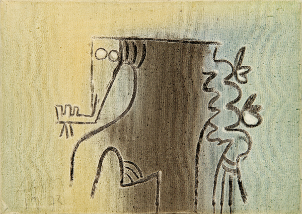 <b>Wifredo Lam</b><br>
Femme Cheval en Verde�<br>
<i>(Femme Cheval in Green)�</i><br>
1973<br>
oil on canvas<br>
10 x 14 inches <br><br>

<i>Provenance:</i><br>
The Estate of Elmore Leonard. <i>[Mr. Leonard (1925-2013) was an American novelist and screenwriter who specialized in crime fiction and suspense thrillers, many of which were adapted into films]</i>; Farsettiarte, Prato, Italy; Private Collection, Milan, Italy.
<i>Exhibitions:</i><br>
Exhibited in <i>Novecento</i>, Centro D�ArteMercurio, Rapallo, Italy, 1990, and illustrated in color in the exhibition catalog, page 33.
�<br><br>
<i>Illustrations:</i><br>
This painting is illustrated in <i>Wifredo Lam: Catalogue Raisonn� of the Painted Work, Volume II, 1961-1982</i>, Project Director: Eskil Lam, Acatos 2002, page 425, no. 73.187.
<br>
Also Illustrated in <i>Important Cuban Artworks, Volume Twelve, Cernuda</i> Arte, Coral Gables, Florida, November 2014, page 53.