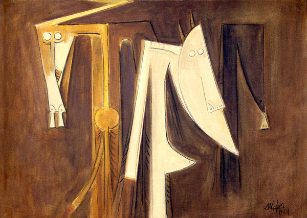 <b>Wifredo Lam</b><br>
Amigos de la Tierra <br>
<i>(Friends of the Land)</i><br>
1964<br>
oil on canvas<br>
19 3/4 x 27 5/8 inches<br><br>
<i>Provenance:</i><br>
Private Collection, France.<br>
Private Collection, Switzerland.<br><br>
<i>Illustrations:</i><br>
Illustrated in <i>Wifredo Lam: Catalogue Raisonné of the Painted Work, Volume II, 1961-1982</i>, Project Director: Eskil Lam, Acatos 2002, page 278, no. 64.14
<br><br>
This painting is accompanied by a certificate of authenticity signed by Lou Laurin- Lam, dated December 19, 1989, no. 89-77.