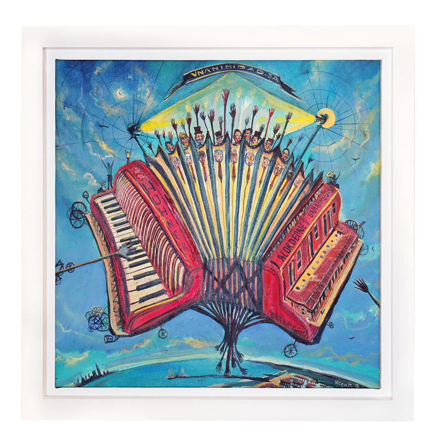 VICENTE HERNÁNDEZ (b.1971)<br>
Unanimous Accordion<br>
(<i>Acordeón Unánime</i>), 2018<br>
oil on canvas<br>
23 ¼ x 23 ¼ inches<br>
<br>
Illustrated in <i>IMPORTANT CUBAN ARTWORKS</i>, Volume Eighteen, page 167.<br>
<br>
Exhibited in <i>Vicente Hernández: To Leave or Not To Live, That is the<br>
Question, Cernuda</i> Arte, Coral Gables, Florida, August – October, 2019.<br>
<br>
<font color=red><b>AVAILABLE </font></b>
<br><br><br><br><br>