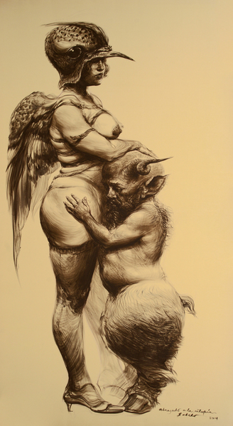 <b>Roberto Fabelo</b><br>
Abrazando la Utopía <br>
<i>(Embracing Utopia)</i><br>
2014<br>
acrylic on silk<br>
76 x 41 inches <br><br>
<i>Provenance:</i><br>
Acquired directly from the artist.<br><br>
<i>Illustrations:</i><br>
Illustrated in <i>Important Cuban Artworks, Volume Twelve, Cernuda</i> Arte, Coral Gables, Florida, November 2014, page 108.