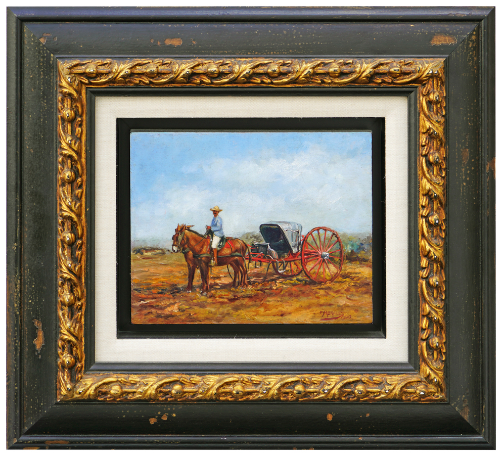 <br><br>EDUARDO MORALES (1862�1938)<br> 
Cuban Carriage <br>
(<i>El Quitr�n</i>), 1913 <br>
oil on wood <br>
7 � x 9 � inches<br><br><br>

Illustrated in <i>IMPORTANT CUBAN ARTWORKS </i>, Volume Eighteen, page 8.<br><br>

Exhibited in <i>Cuban Art, Academic, Modern, and Contemporary at Circa </i>06,<br> May 2006, San Juan, Puerto Rico, and illustrated in the exhibition<br> catalog.<br><br>
<font color=red><b>AVAILABLE </font></b>
<br><br><br>
